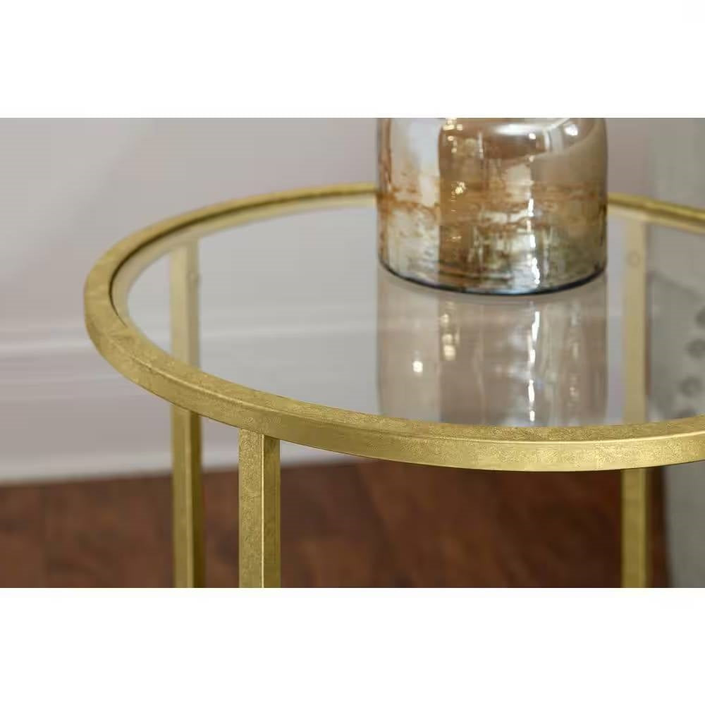 Round Accent Side Table Gold Metal Glass Top Bottom Shelf End Table