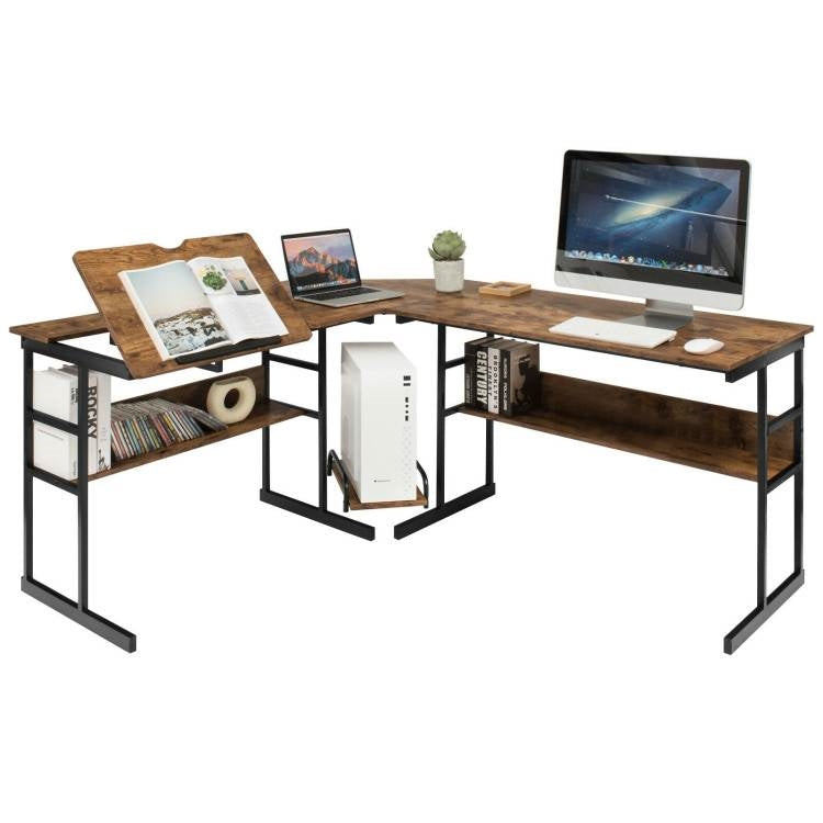 Modern Rustic Wood and Metal Corner L-Shaped Computer Desk with Tilt Tabletop