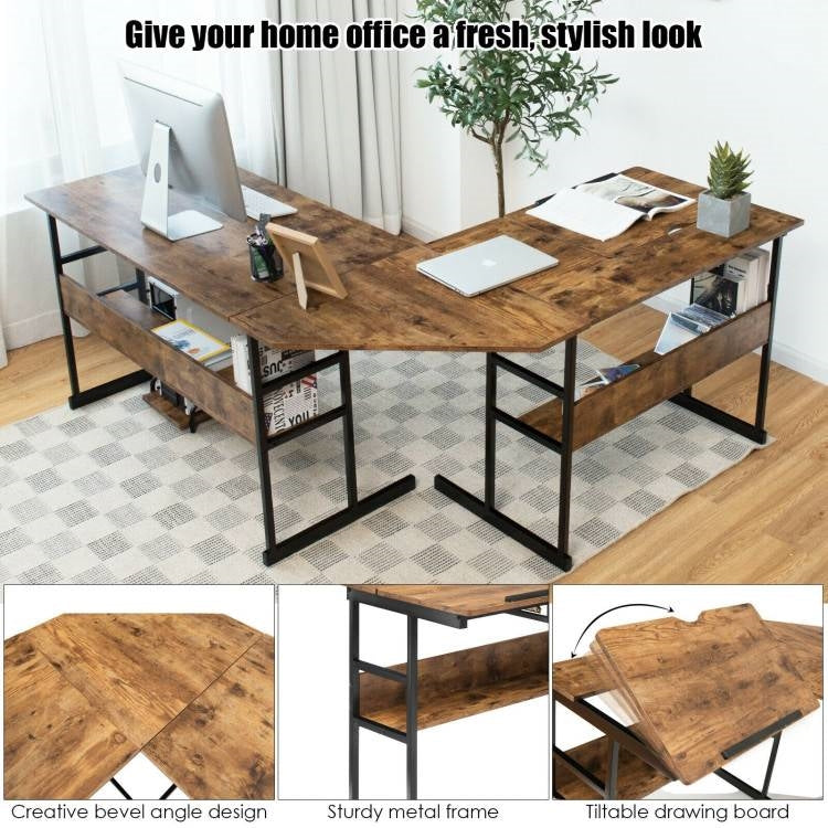 Modern Rustic Wood and Metal Corner L-Shaped Computer Desk with Tilt Tabletop
