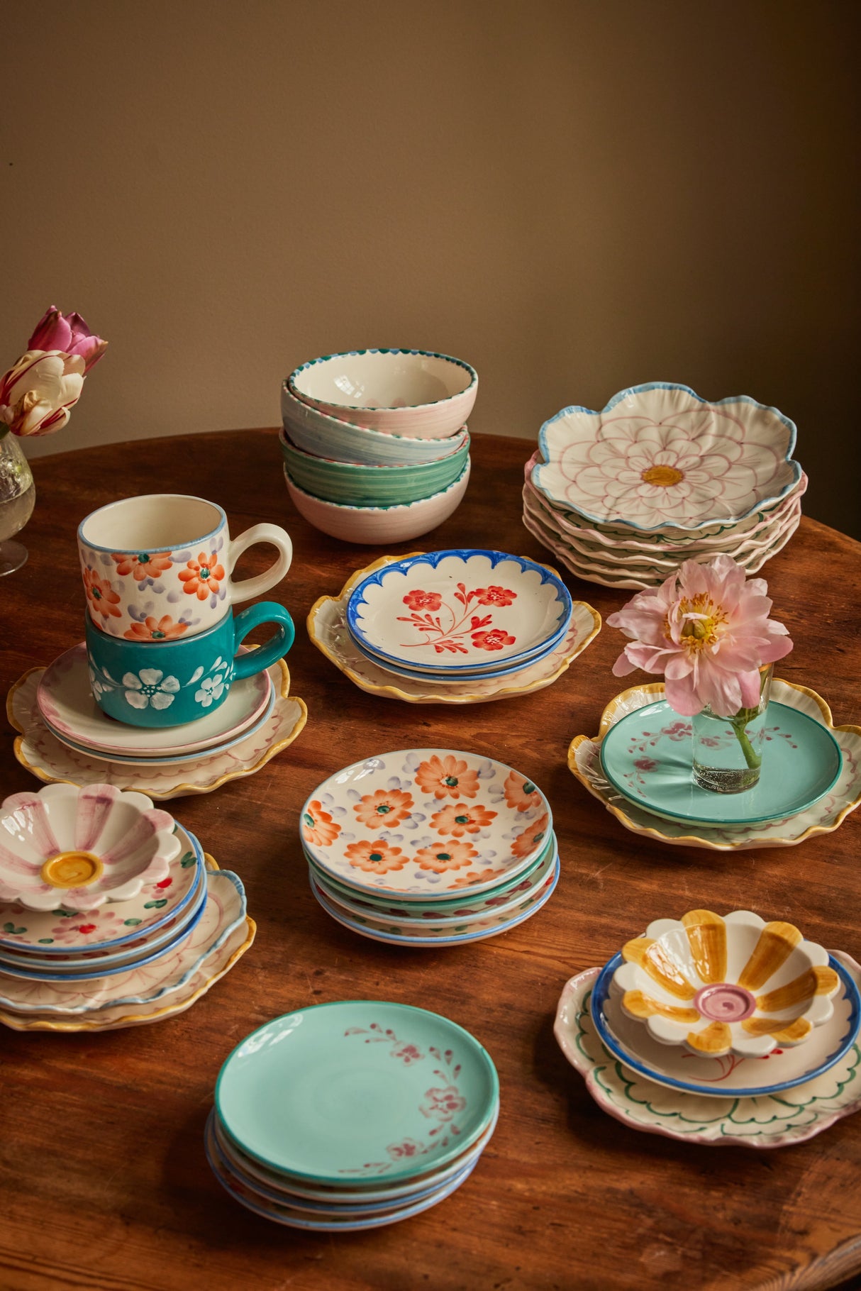 Ceramic Cappuccino Cup with Hand Painted Orange Flowers - 6.7 oz