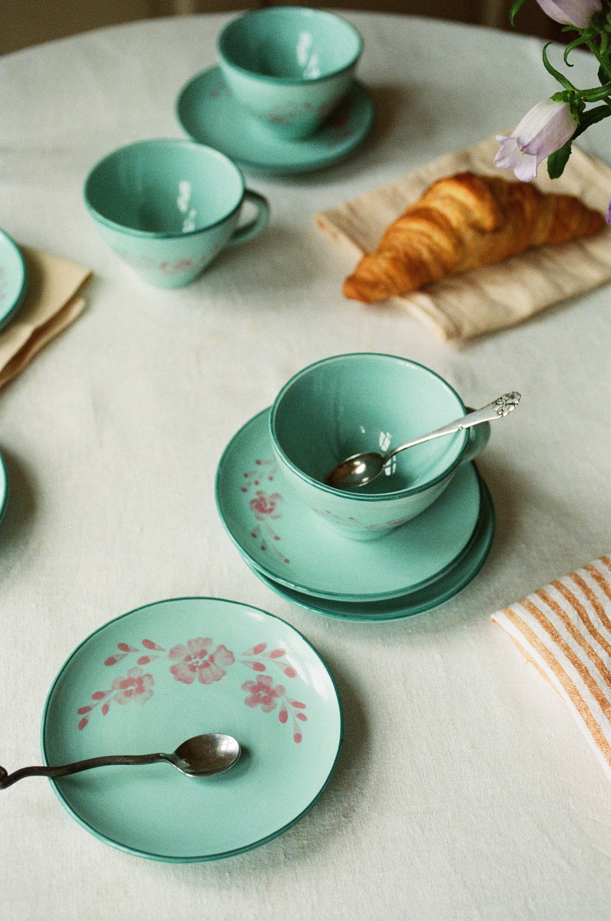 Ceramic Tea Cup with Hand Painted Soft Pink Flower Vine - 5.0 oz