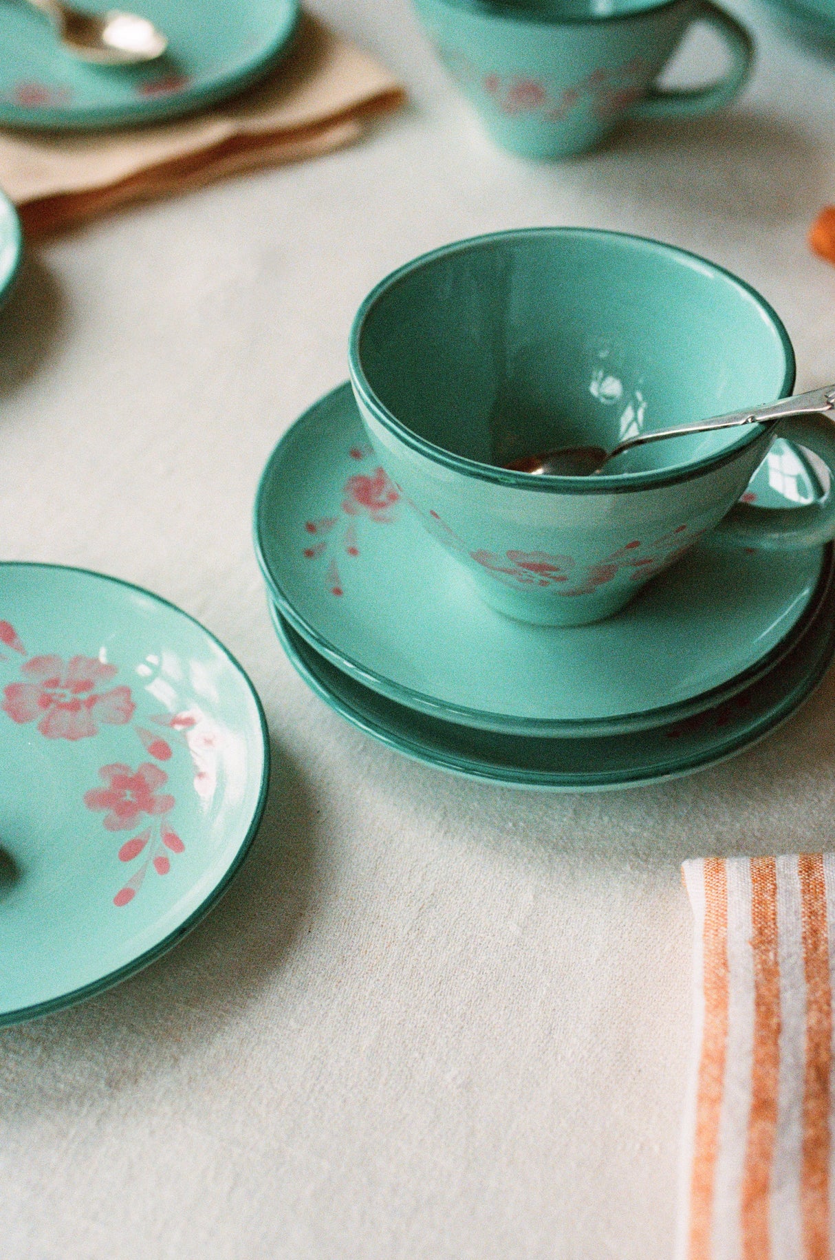 Ceramic Tea Cup with Hand Painted Soft Pink Flower Vine - 5.0 oz