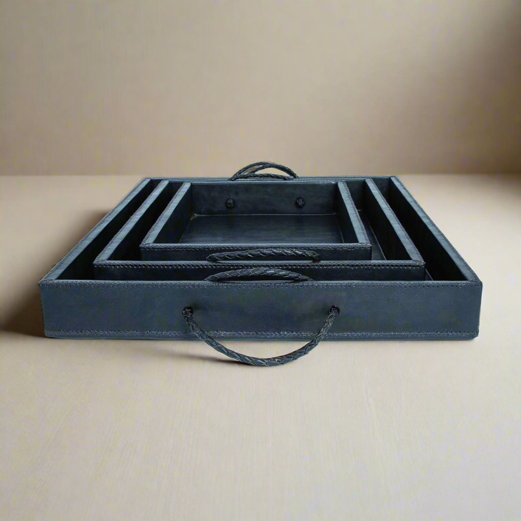 Rosado | Cedar Wood + Leather Ottoman Tray Set with Embroidered Handles