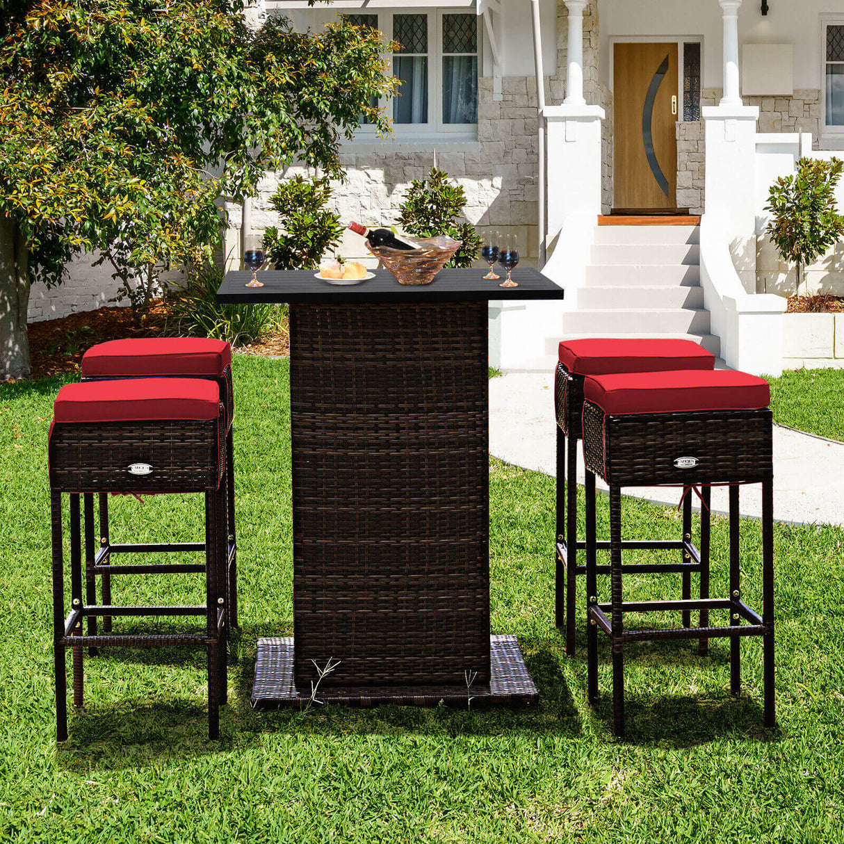 5 Pieces Patio Rattan Bar Table Stool Set Hidden Storage Shelf Cushioned