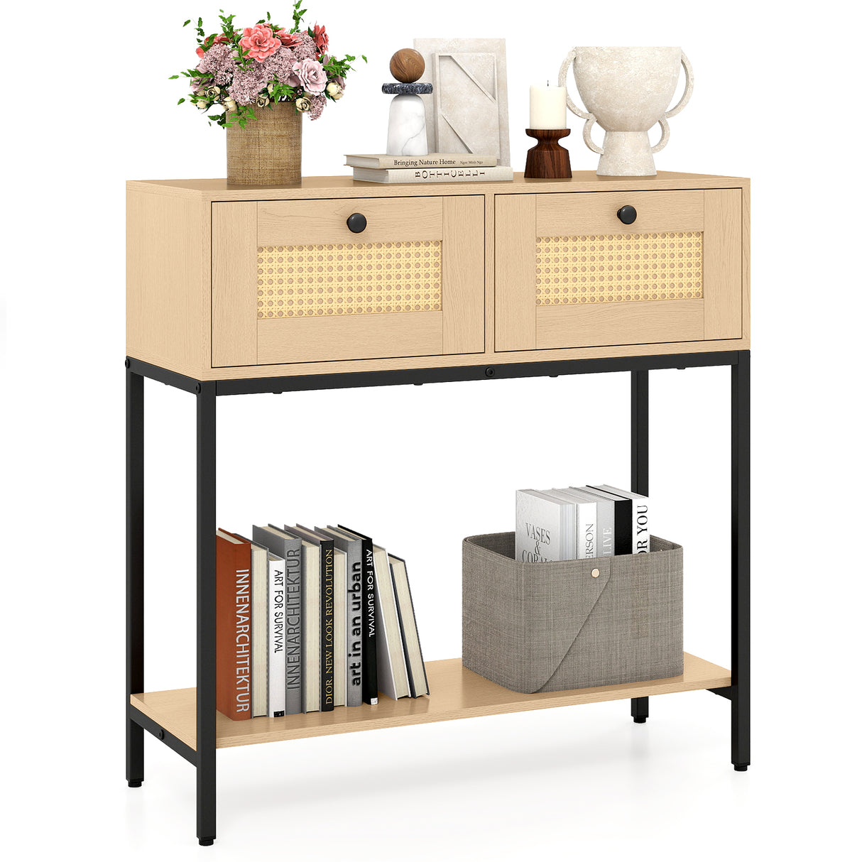 Rattan Console Table Boho Entryway Table with 2 Rattan Drawers and Open Storage Shelf