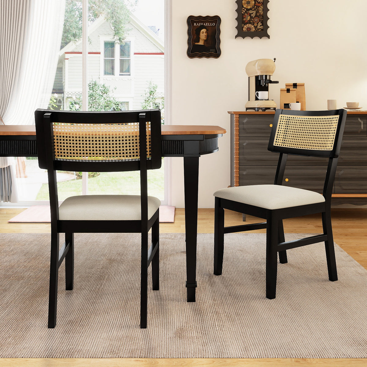 Rattan Dining Chairs Set of 2 Fabric Upholstered Kitchen Chairs with Padded Seat and Rubber Wood Legs-Black