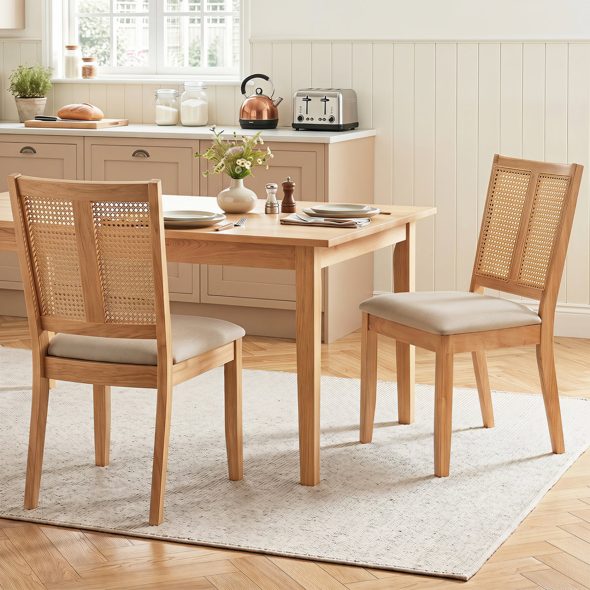 Rattan Dining Chairs Set of 2 with Curved Backrest & Padded Seat for Dining Room