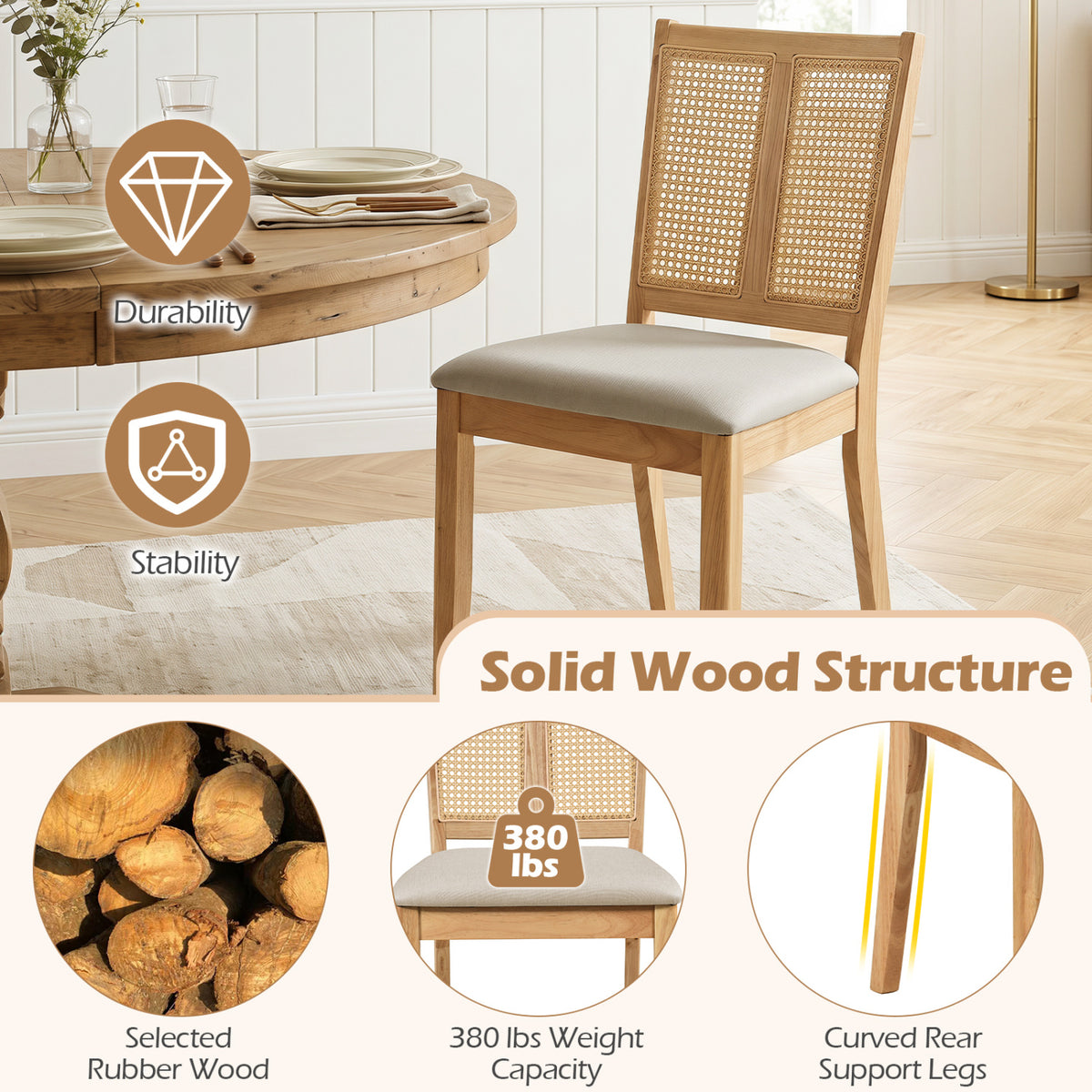 Rattan Dining Chairs Set of 2 with Curved Backrest & Padded Seat for Dining Room