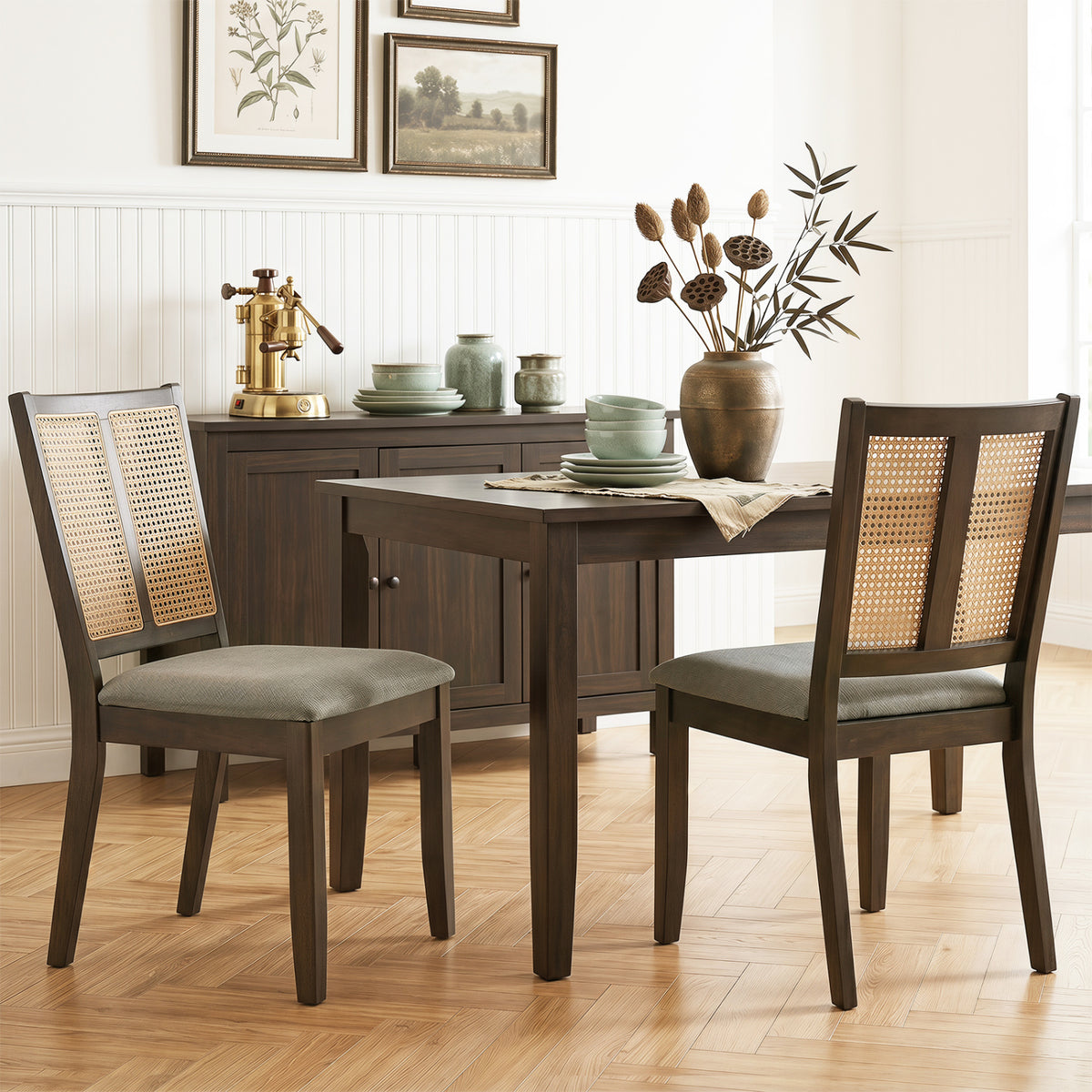 Rattan Dining Chairs Set of 2 with Curved Backrest & Padded Seat for Dining Room