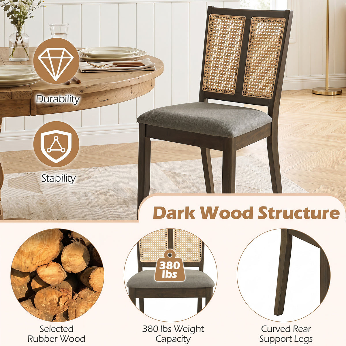Rattan Dining Chairs Set of 2 with Curved Backrest & Padded Seat for Dining Room