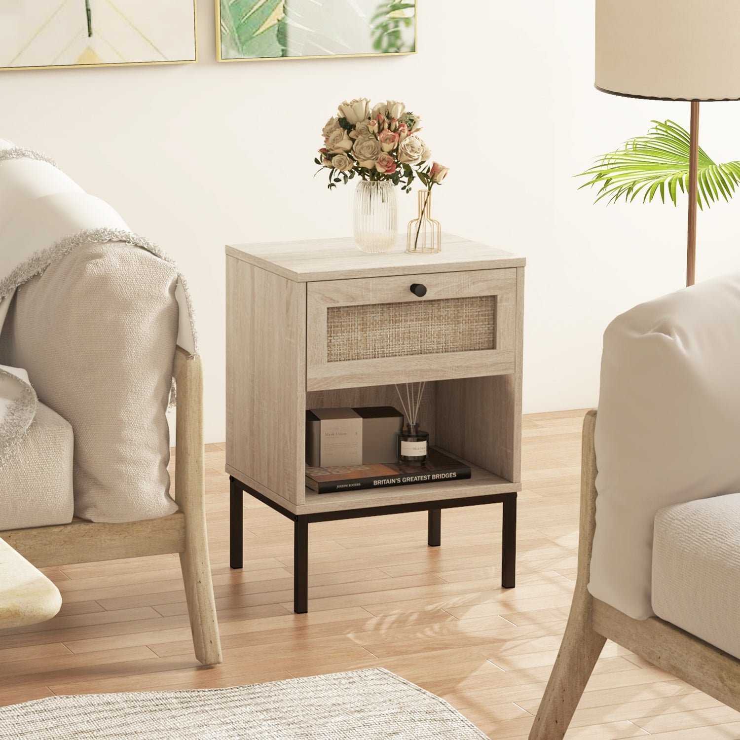 Rattan Nightstand Boho End Table with Rattan Drawer & Open Shelf