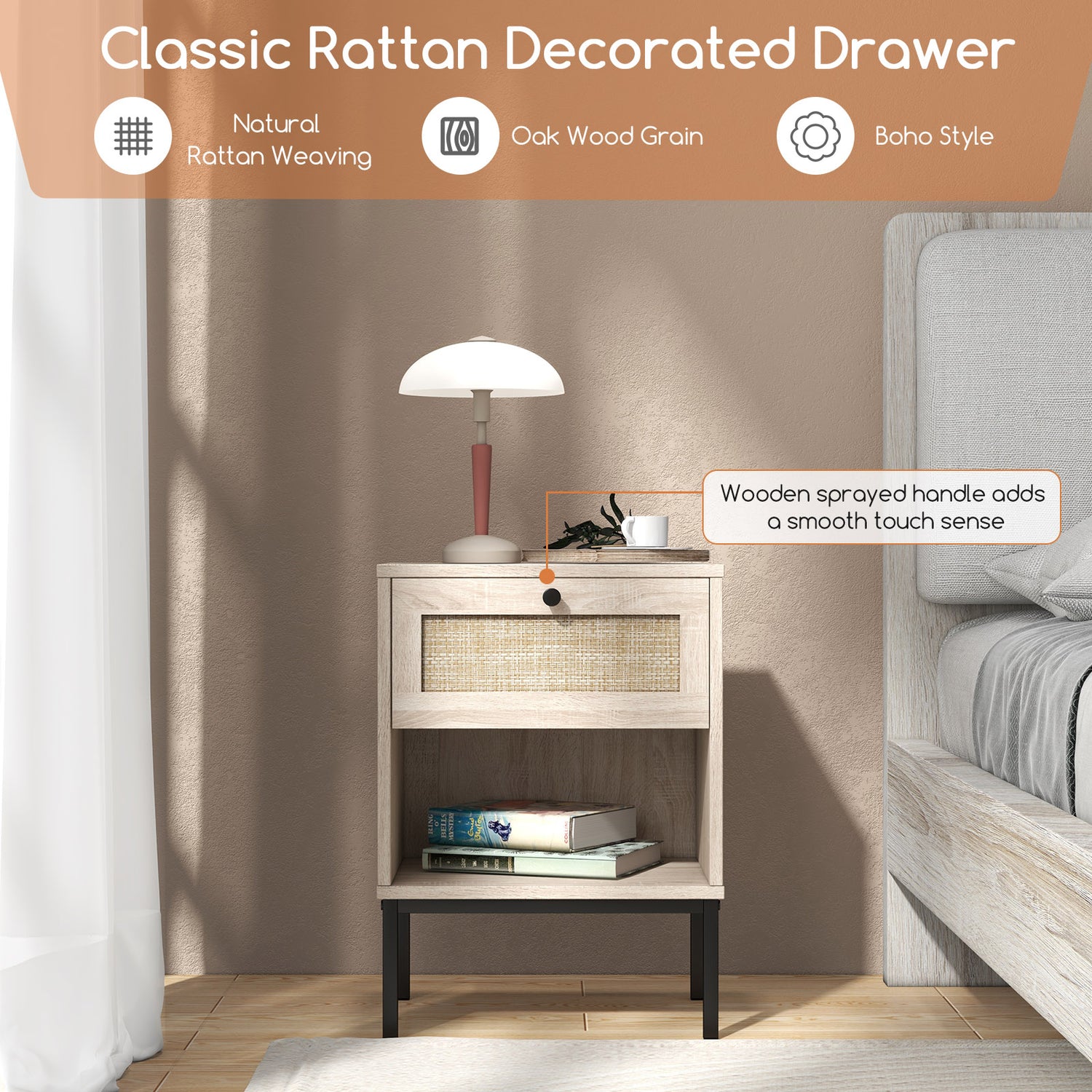 Rattan Nightstand Boho End Table with Rattan Drawer & Open Shelf