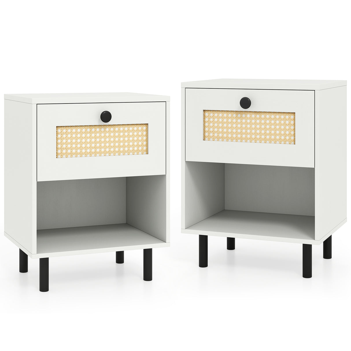 Rattan Nightstand Boho End Table with Rattan Drawer and Open Shelf Set of 2