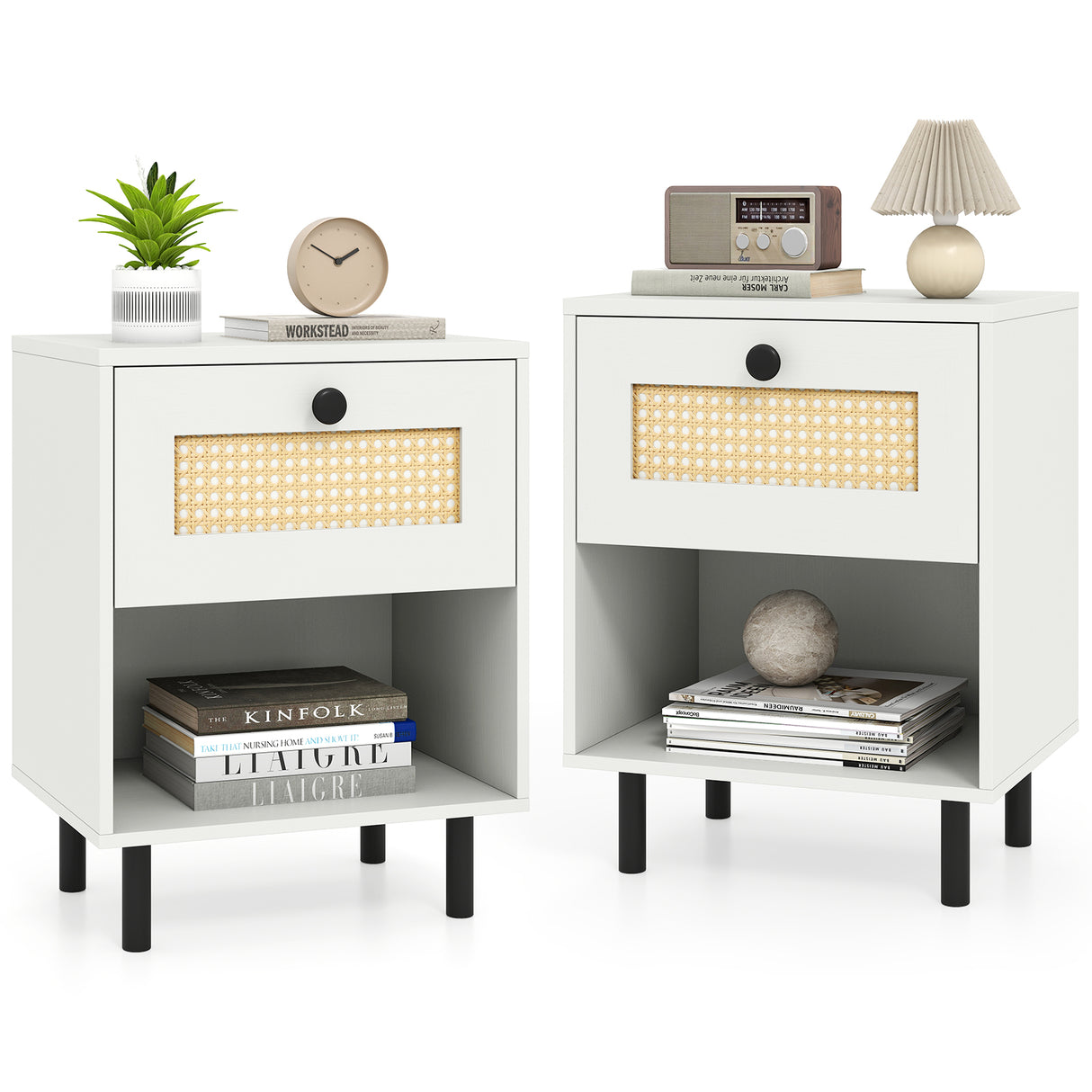 Rattan Nightstand Boho End Table with Rattan Drawer and Open Shelf Set of 2