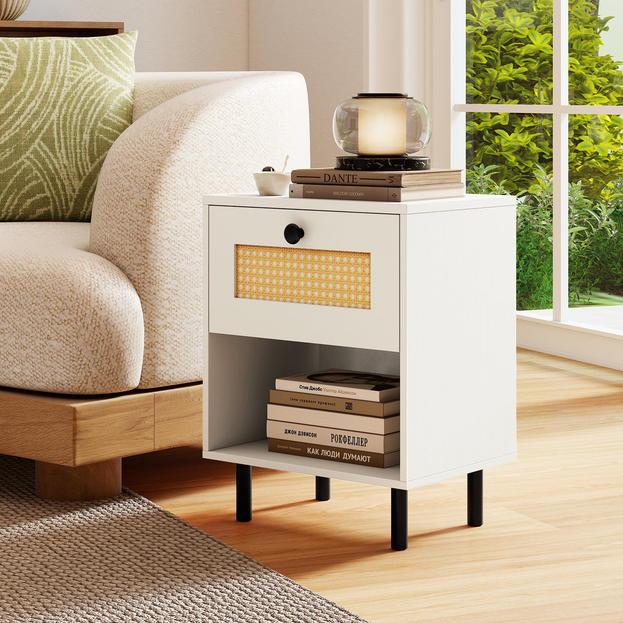Rattan Nightstand Boho End Table with Rattan Drawer & Open Shelf