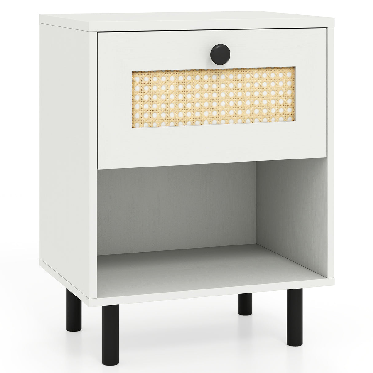 Rattan Nightstand Boho End Table with Rattan Drawer & Open Shelf