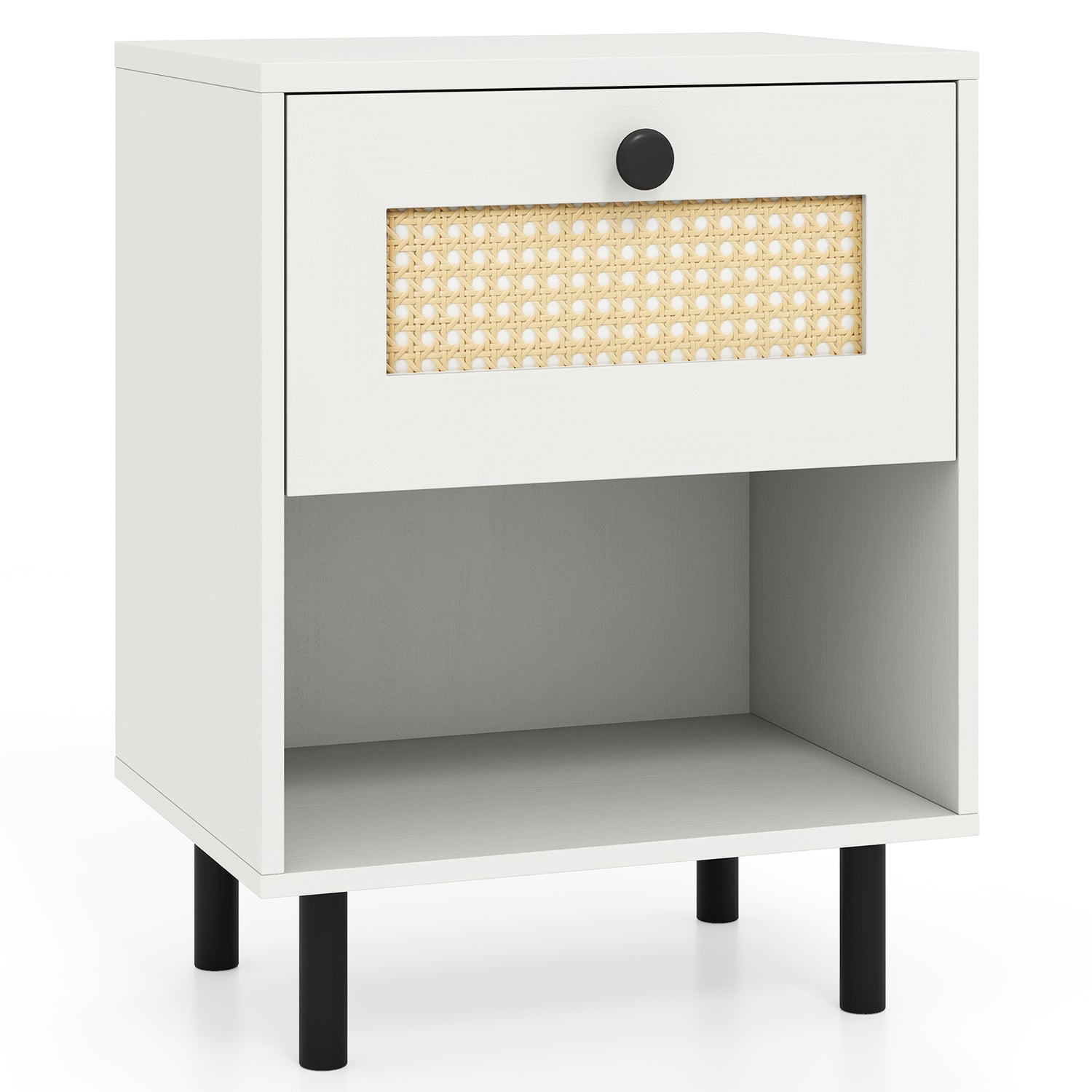 Rattan Nightstand Boho End Table with Rattan Drawer & Open Shelf
