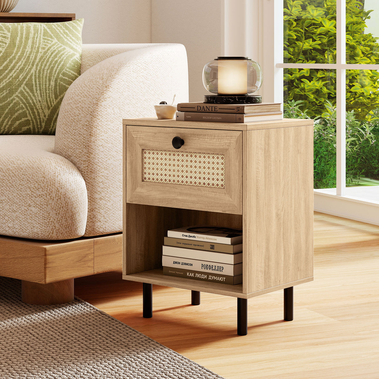 Rattan Nightstand Boho End Table with Rattan Drawer & Open Shelf