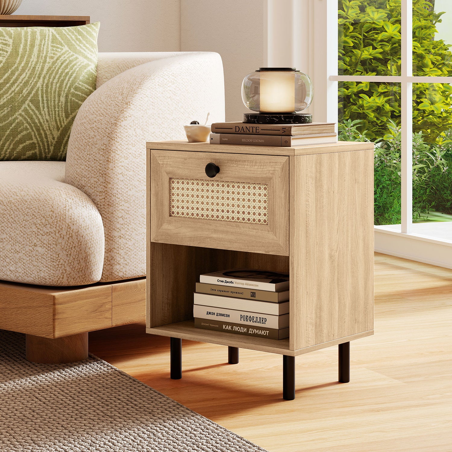 Rattan Nightstand Boho End Table with Rattan Drawer & Open Shelf
