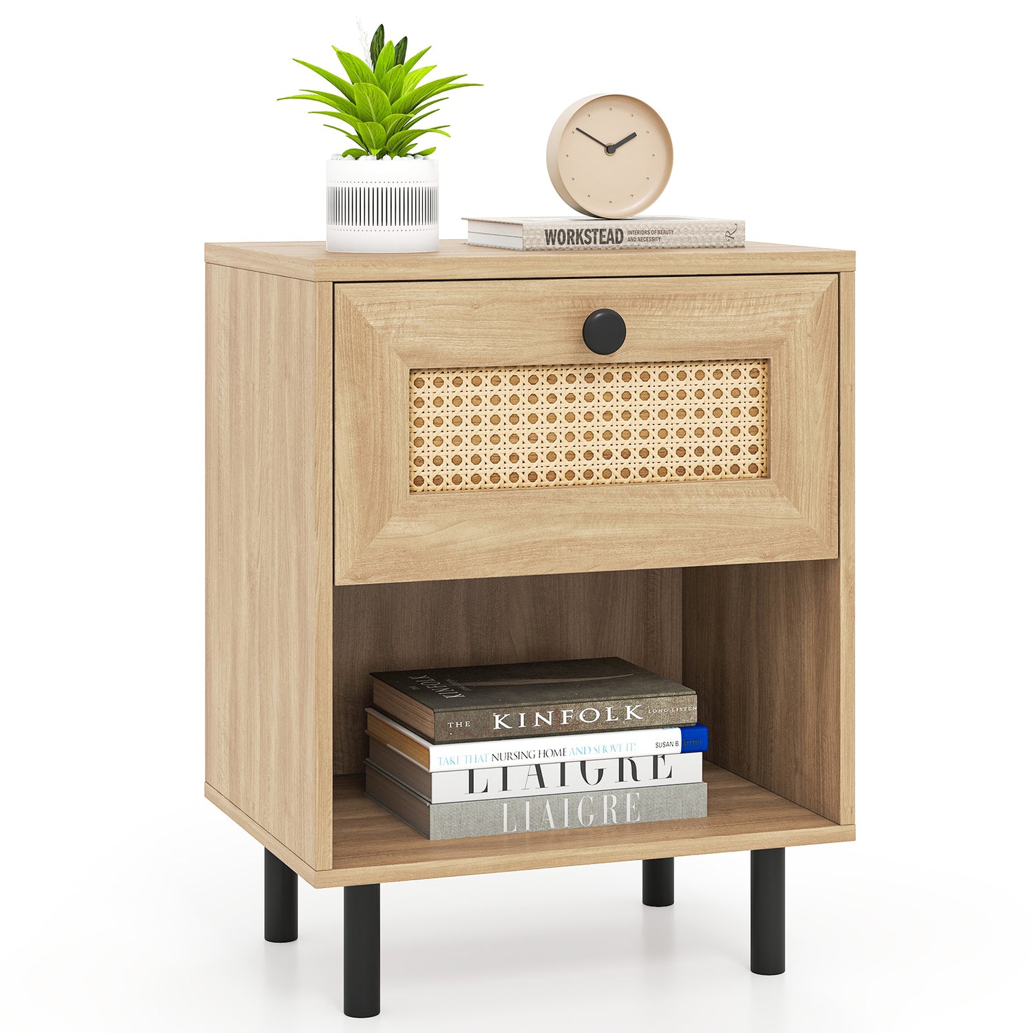 Rattan Nightstand Boho End Table with Rattan Drawer & Open Shelf