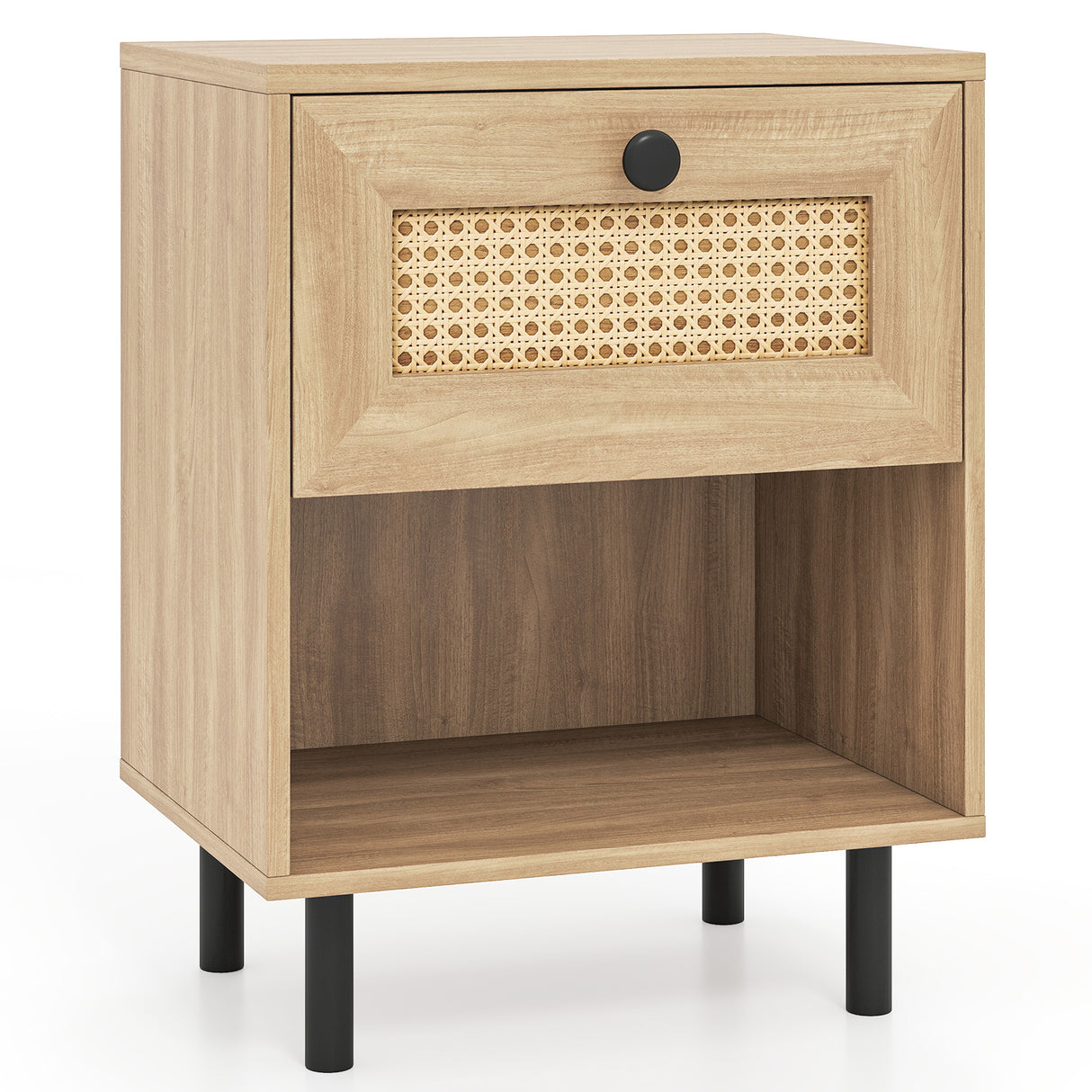 Rattan Nightstand Boho End Table with Rattan Drawer & Open Shelf