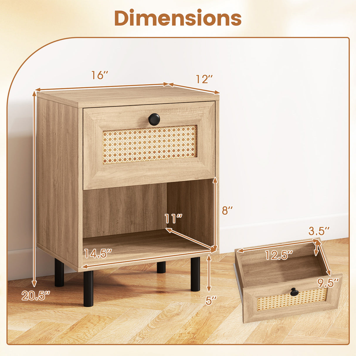 Rattan Nightstand Boho End Table with Rattan Drawer and Open Shelf Set of 2