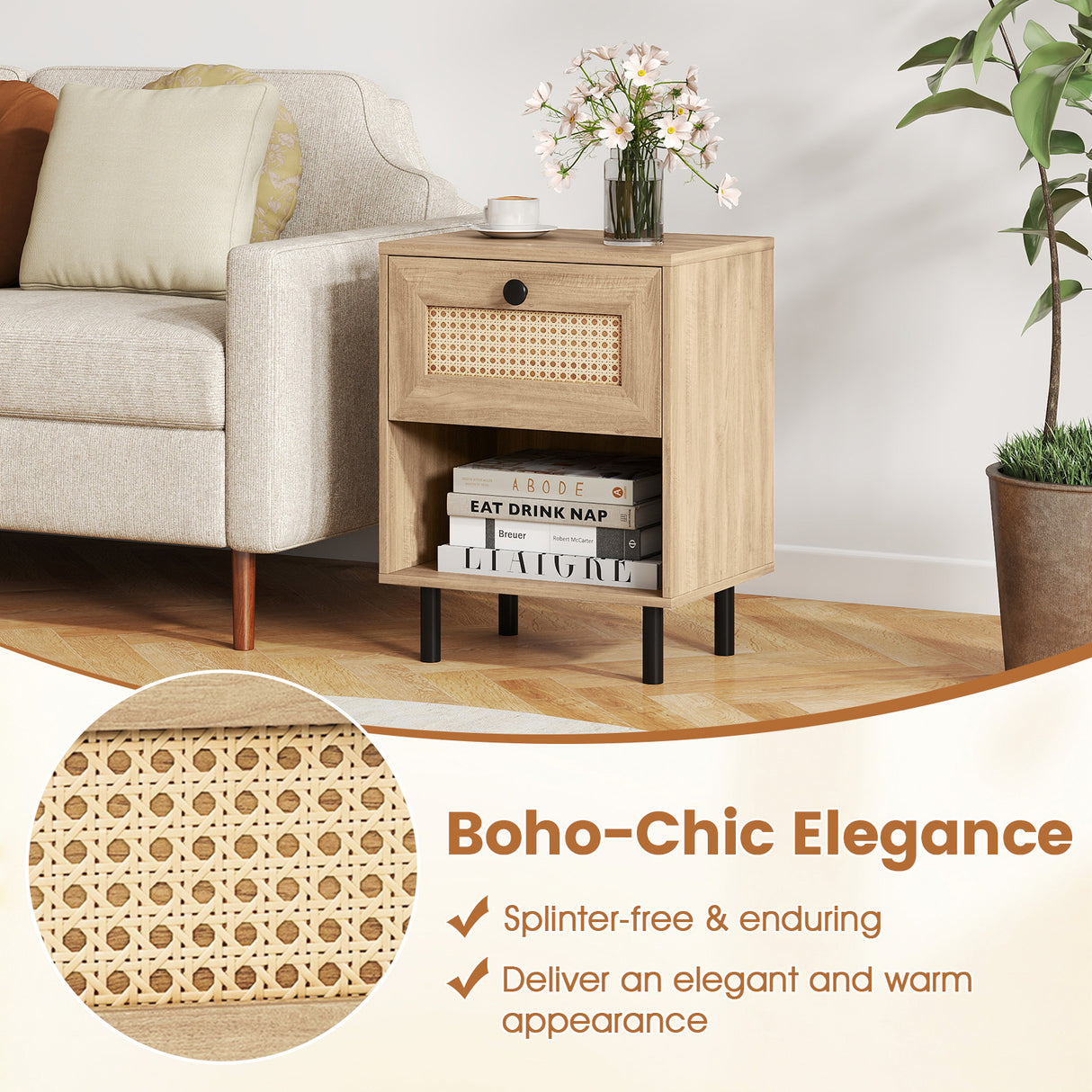 Rattan Nightstand Boho End Table with Rattan Drawer and Open Shelf Set of 2