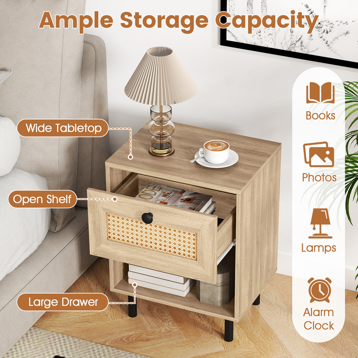 Rattan Nightstand Boho End Table with Rattan Drawer and Open Shelf Set of 2