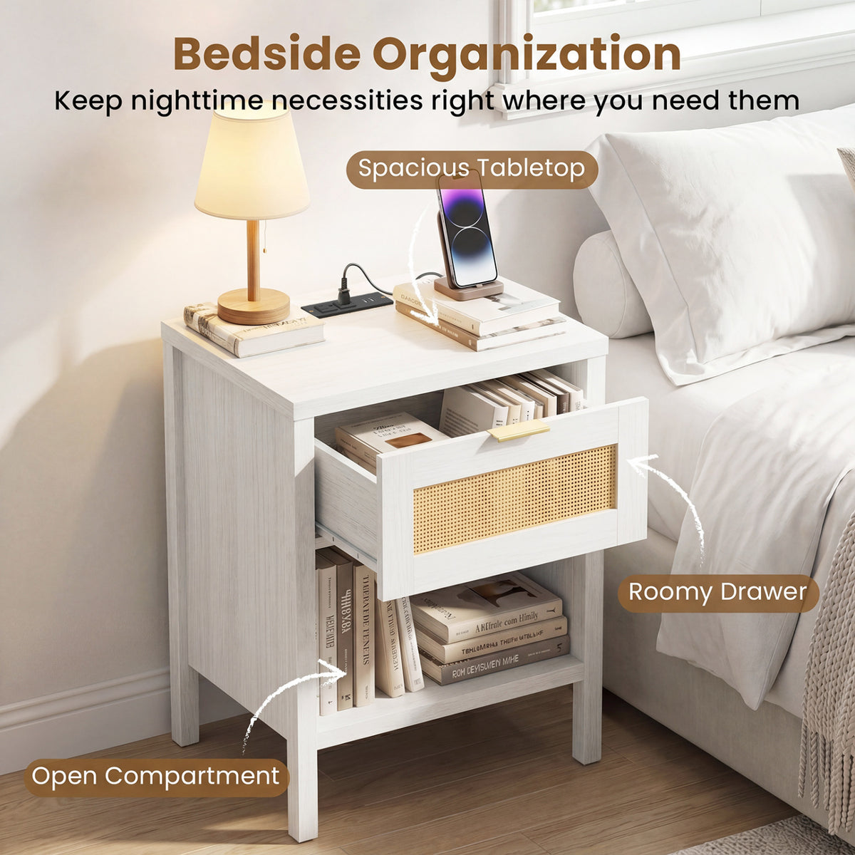 Rattan Nightstand with Charging Station and Storage Shelf for Bedroom