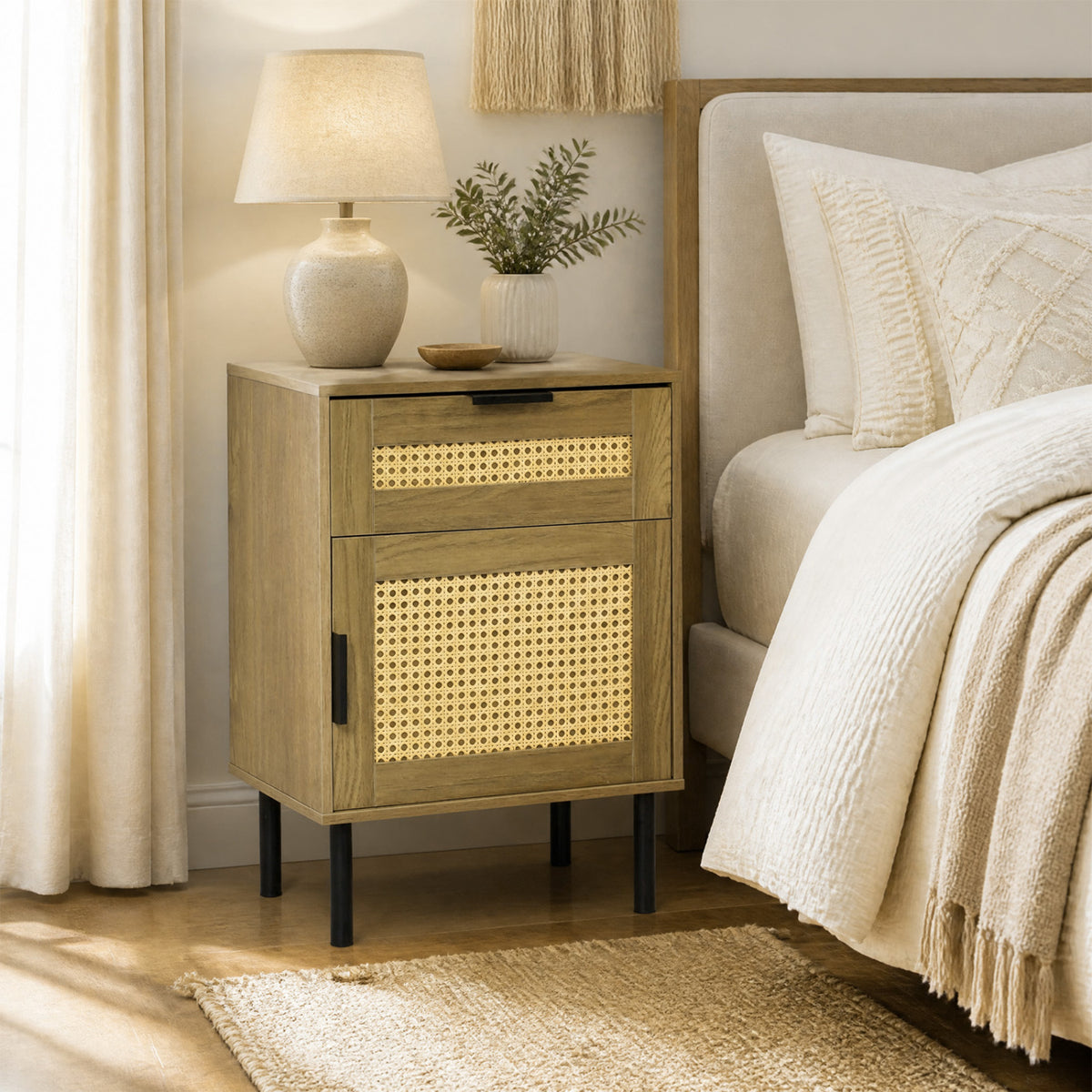 Rattan Nightstand with Drawer and Storage Cabinet for Bedroom Dorm
