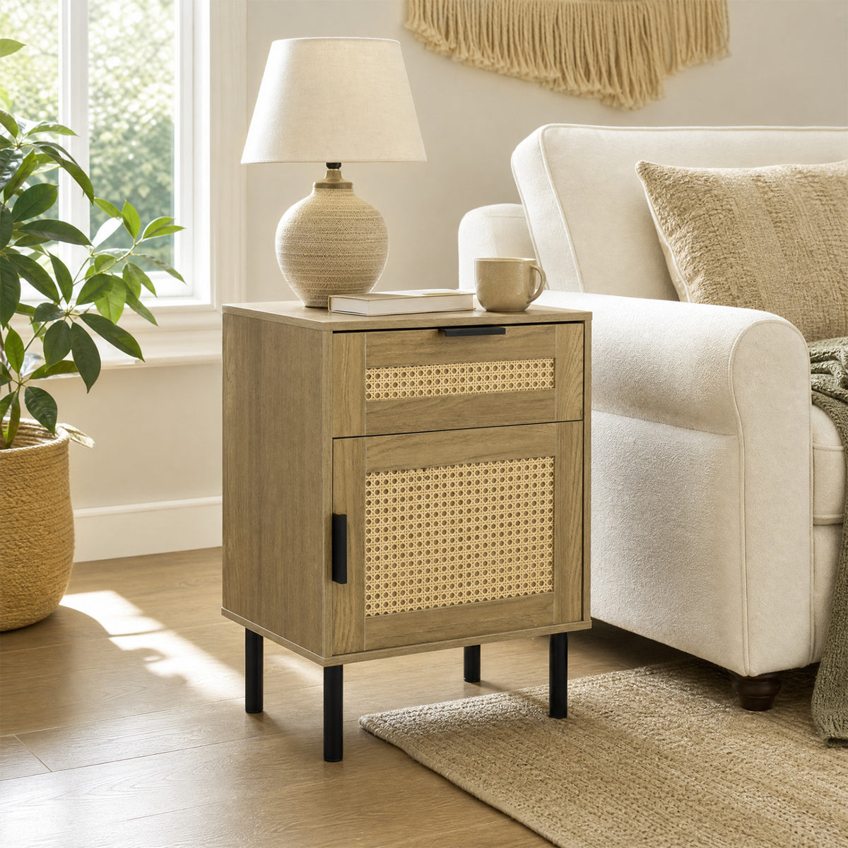 Rattan Nightstand with Drawer and Storage Cabinet for Bedroom Dorm