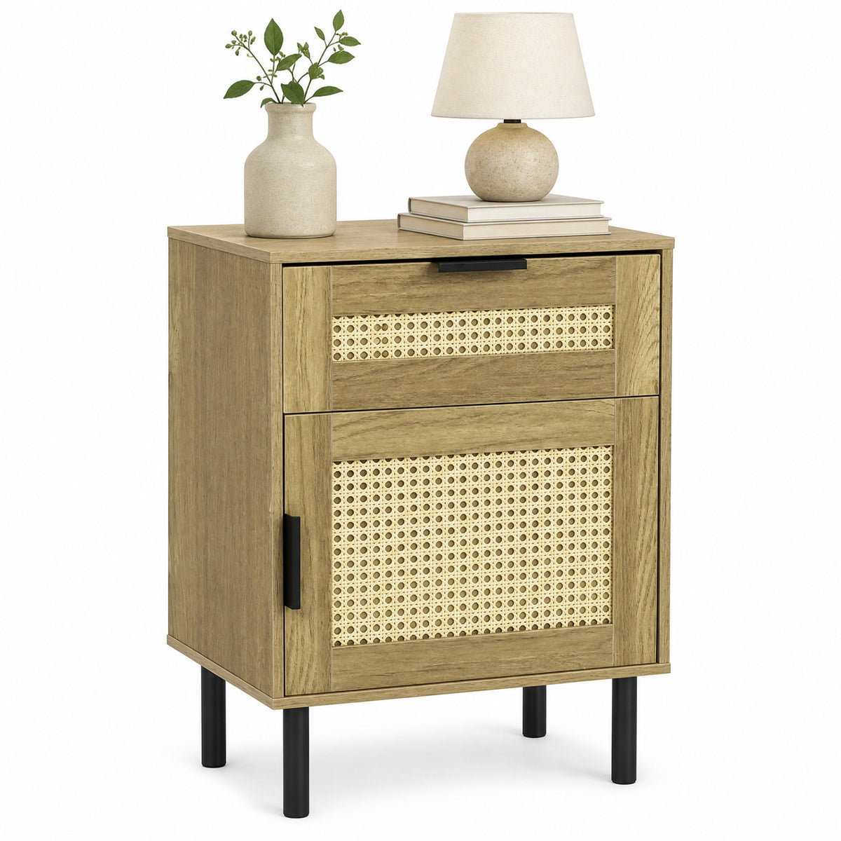 Rattan Nightstand with Drawer and Storage Cabinet for Bedroom Dorm