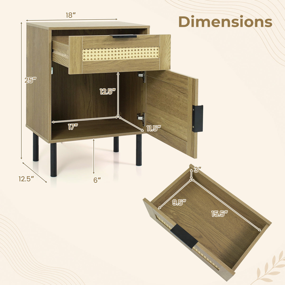Rattan Nightstand with Drawer and Storage Cabinet for Bedroom Dorm