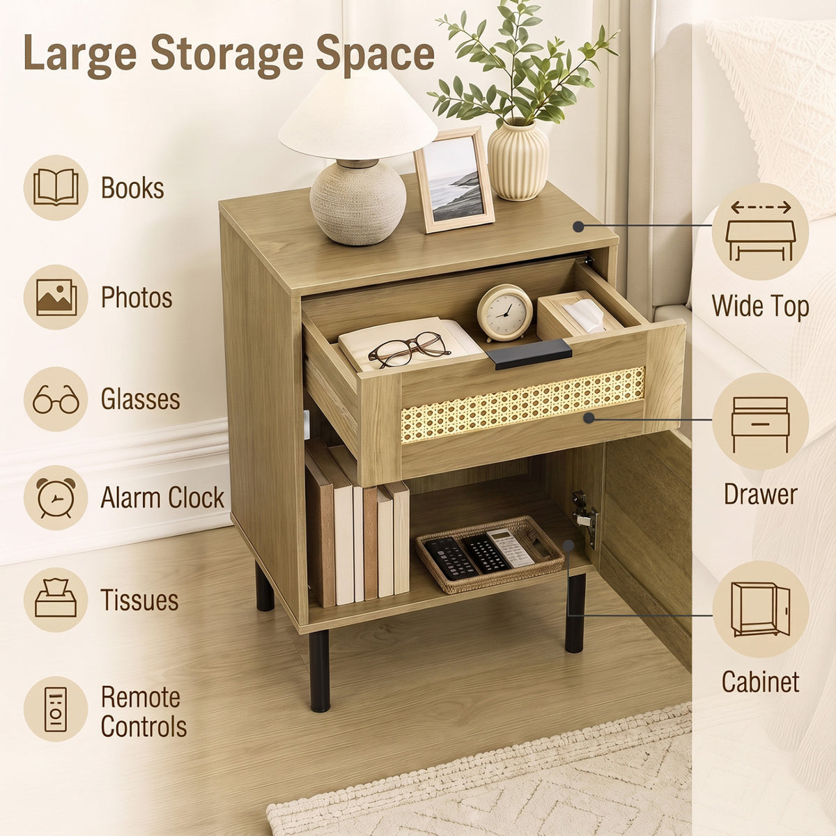 Rattan Nightstand with Drawer and Storage Cabinet for Bedroom Dorm