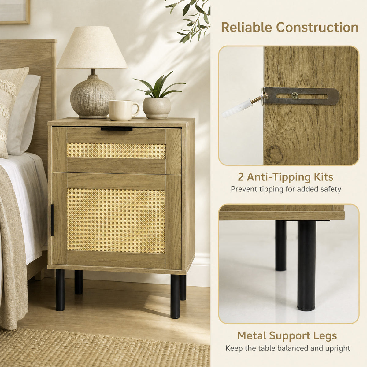 Rattan Nightstand with Drawer and Storage Cabinet for Bedroom Dorm