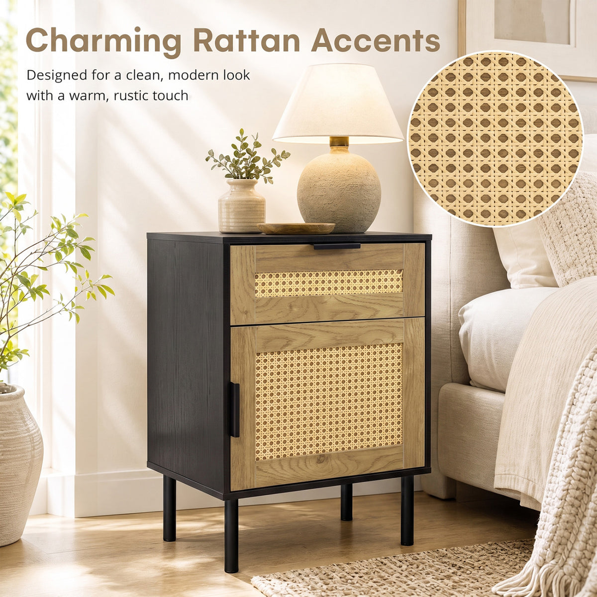 Rattan Nightstand with Drawer and Storage Cabinet for Bedroom Dorm