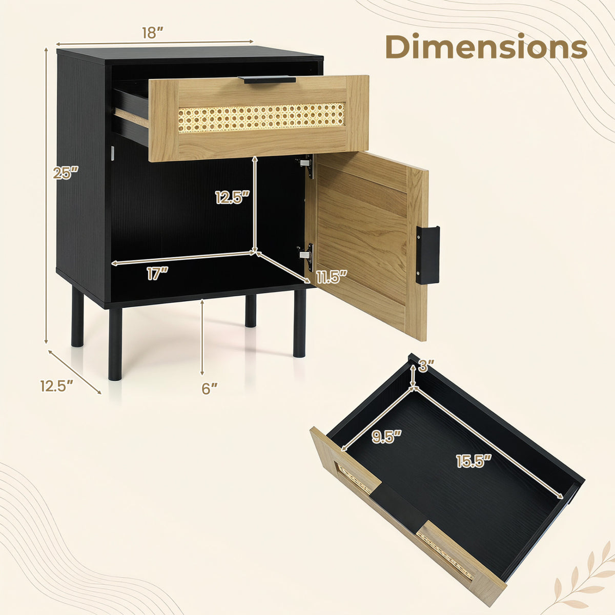 Rattan Nightstand with Drawer and Storage Cabinet for Bedroom Dorm