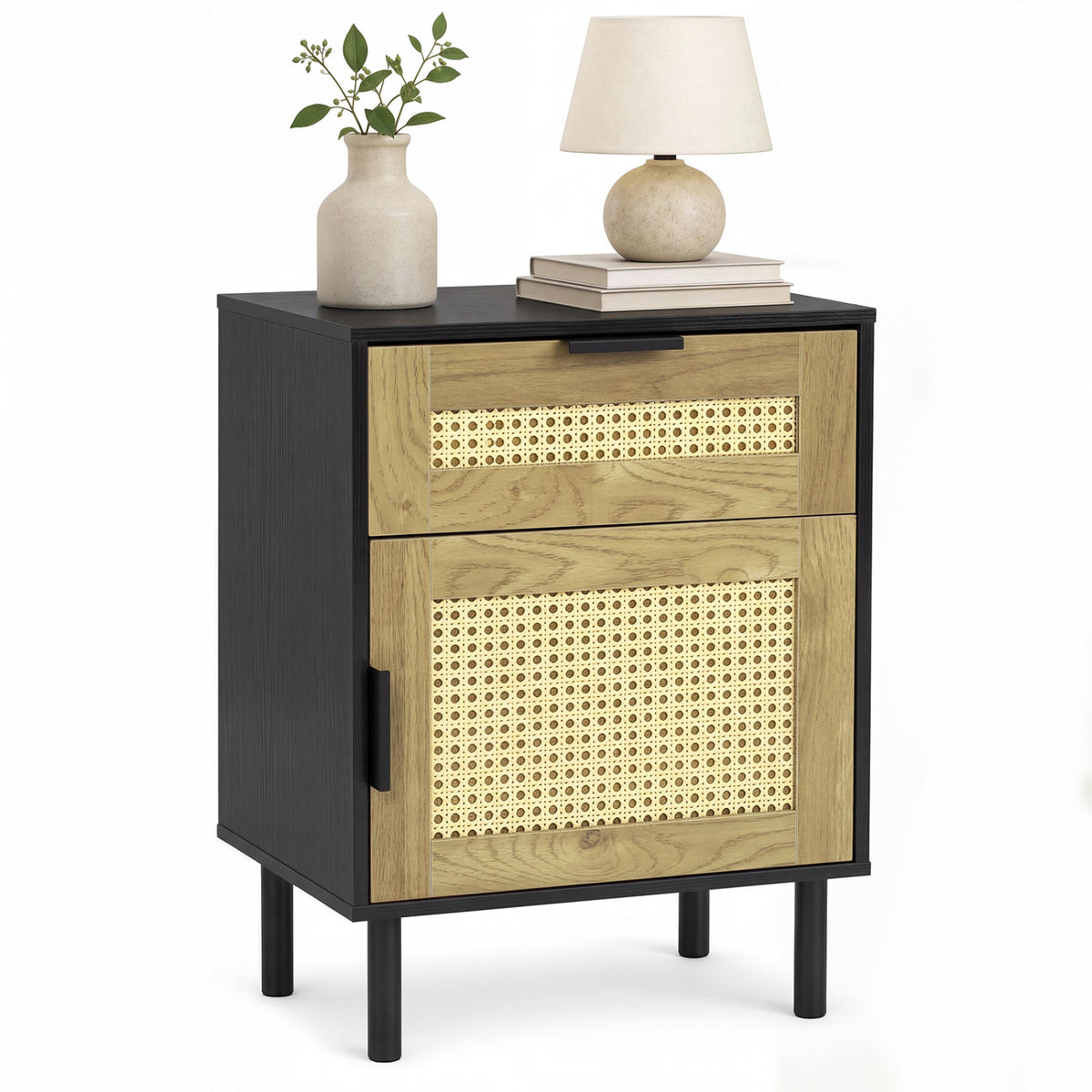 Rattan Nightstand with Drawer and Storage Cabinet for Bedroom Dorm