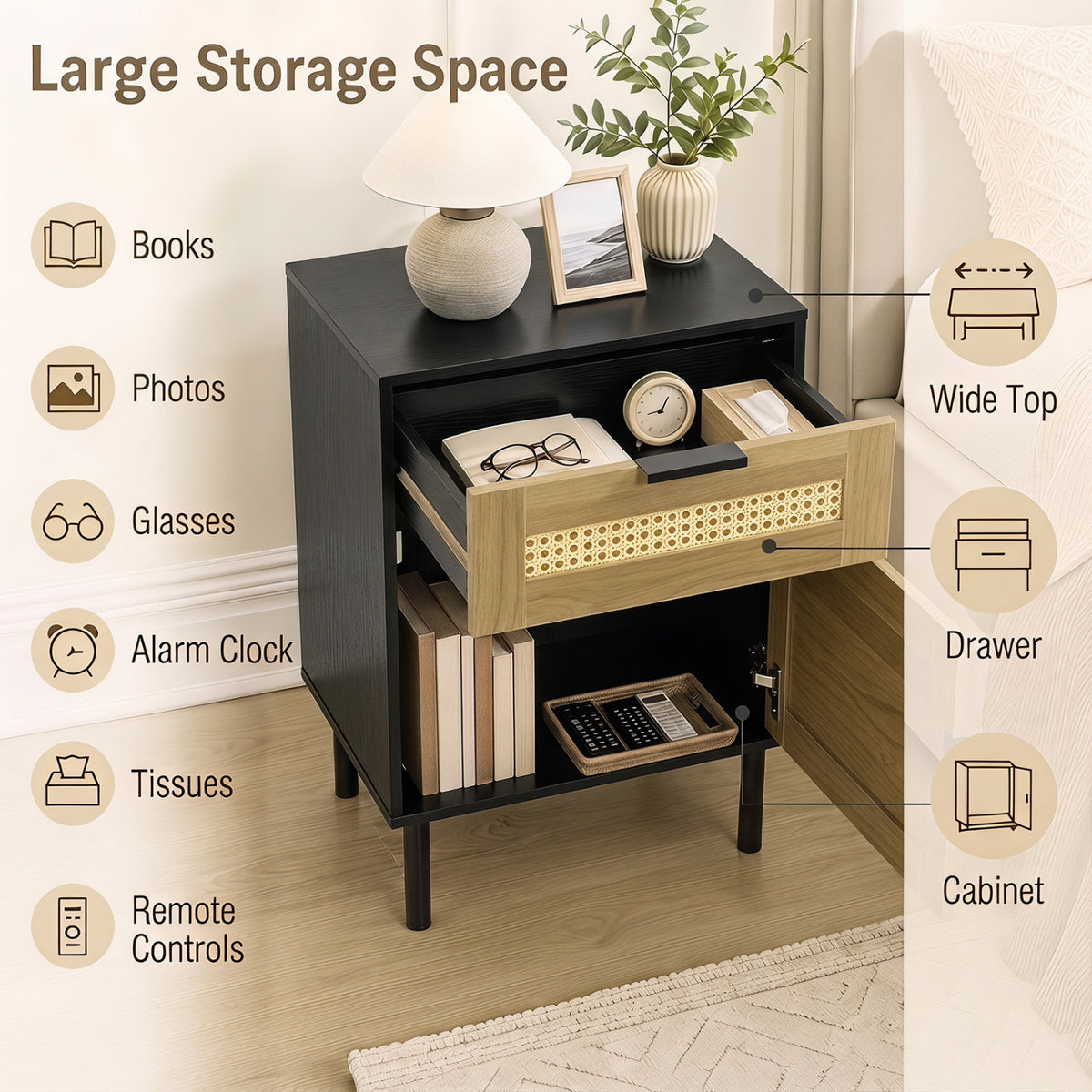 Rattan Nightstand with Drawer and Storage Cabinet for Bedroom Dorm