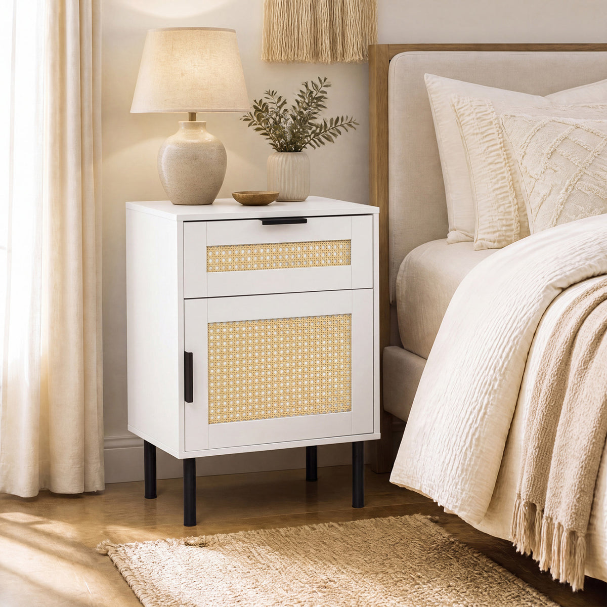 Rattan Nightstand with Drawer and Storage Cabinet for Bedroom Dorm