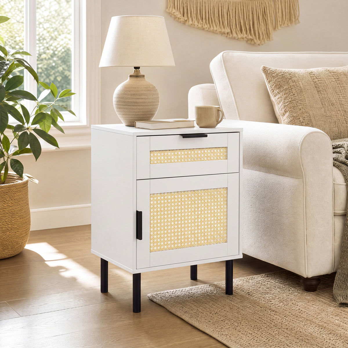 Rattan Nightstand with Drawer and Storage Cabinet for Bedroom Dorm