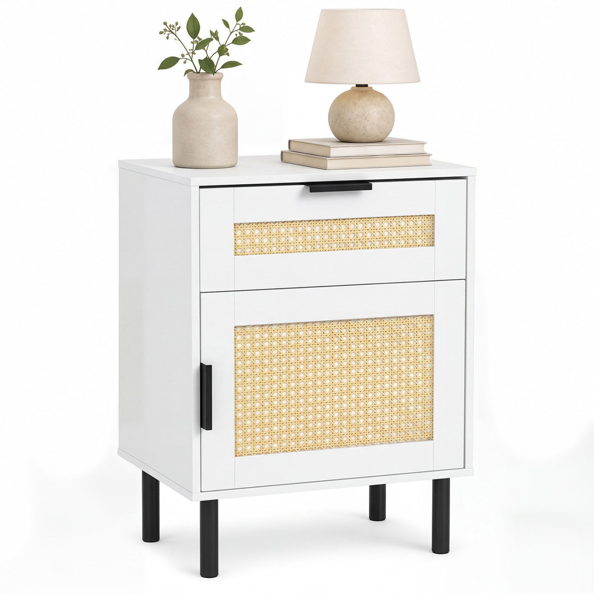 Rattan Nightstand with Drawer and Storage Cabinet for Bedroom Dorm