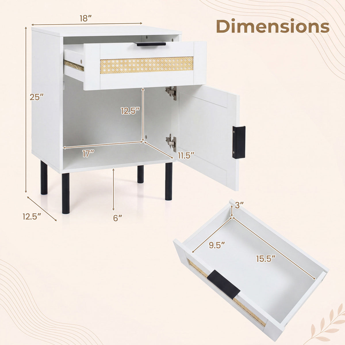 Rattan Nightstand with Drawer and Storage Cabinet for Bedroom Dorm