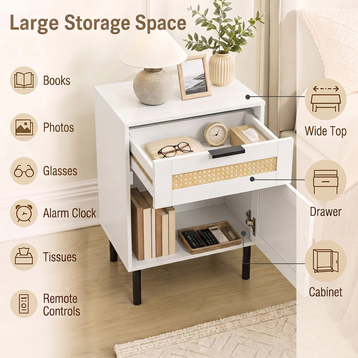 Rattan Nightstand with Drawer and Storage Cabinet for Bedroom Dorm