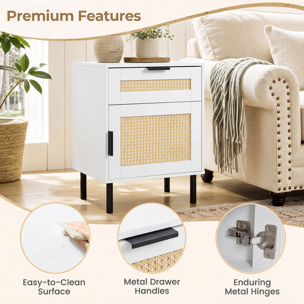 Rattan Nightstand with Drawer and Storage Cabinet for Bedroom Dorm