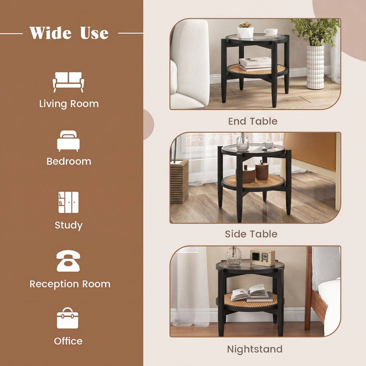Rattan Round Side End Table with Tempered Glass Tabletop
