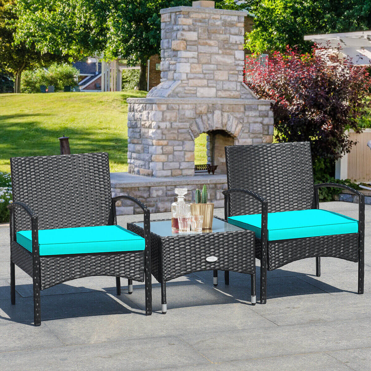 3 Pieces Patio Wicker Rattan Furniture Set with Cushion for Lawn Backyard
