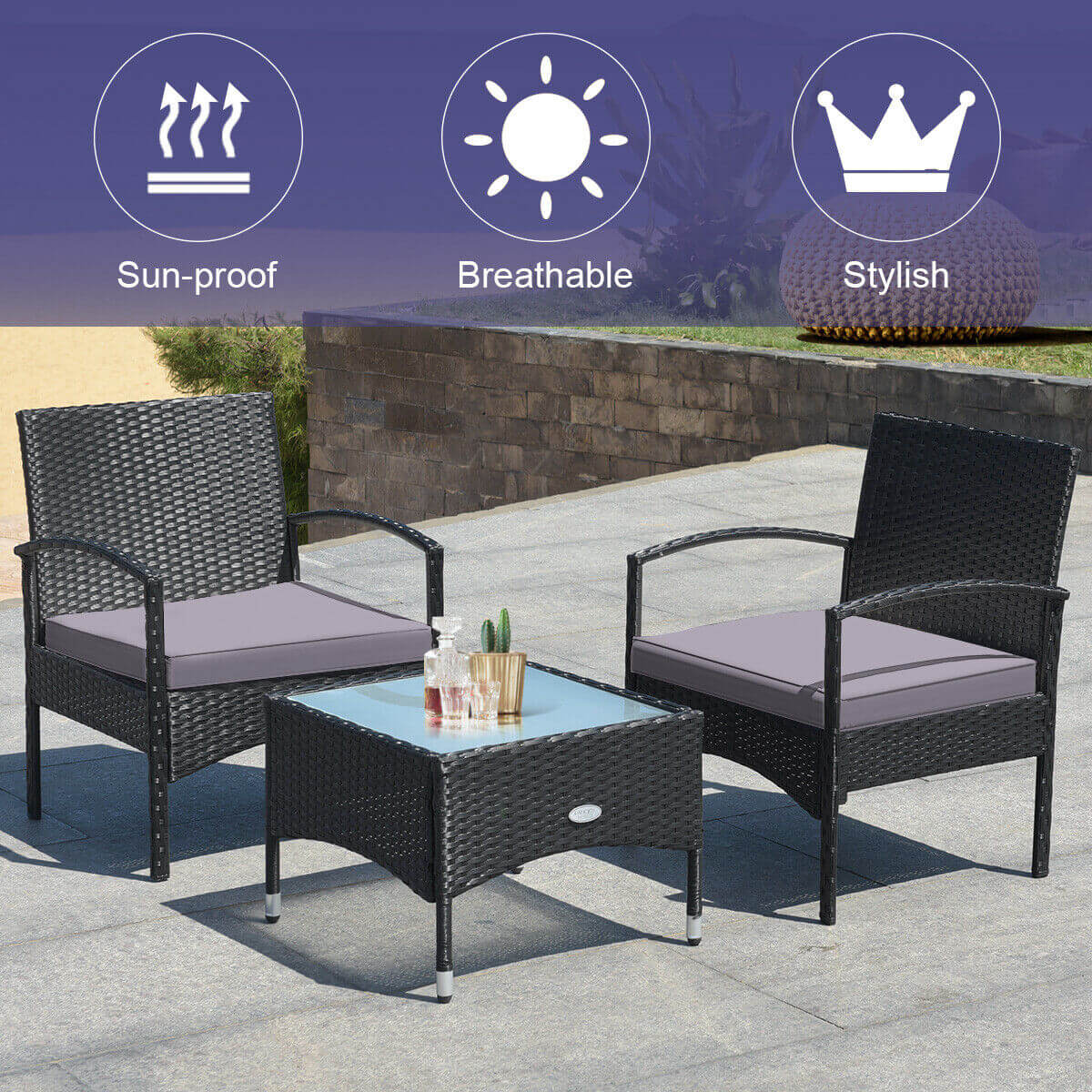3 Pieces Patio Wicker Rattan Furniture Set with Cushion for Lawn Backyard