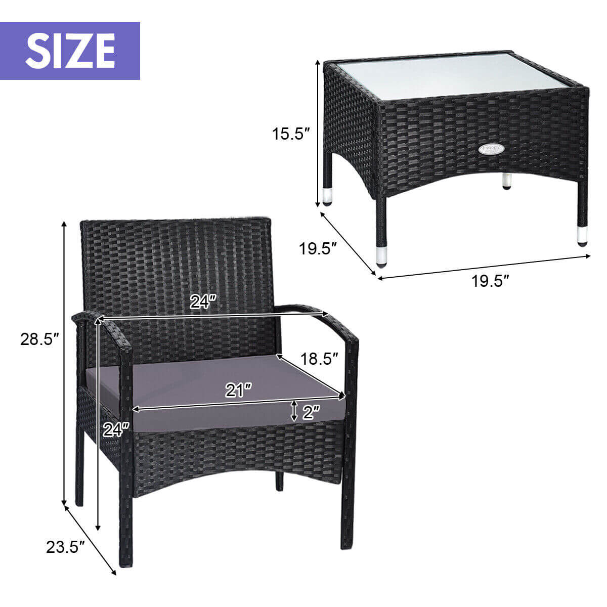 3 Pieces Patio Wicker Rattan Furniture Set with Cushion for Lawn Backyard