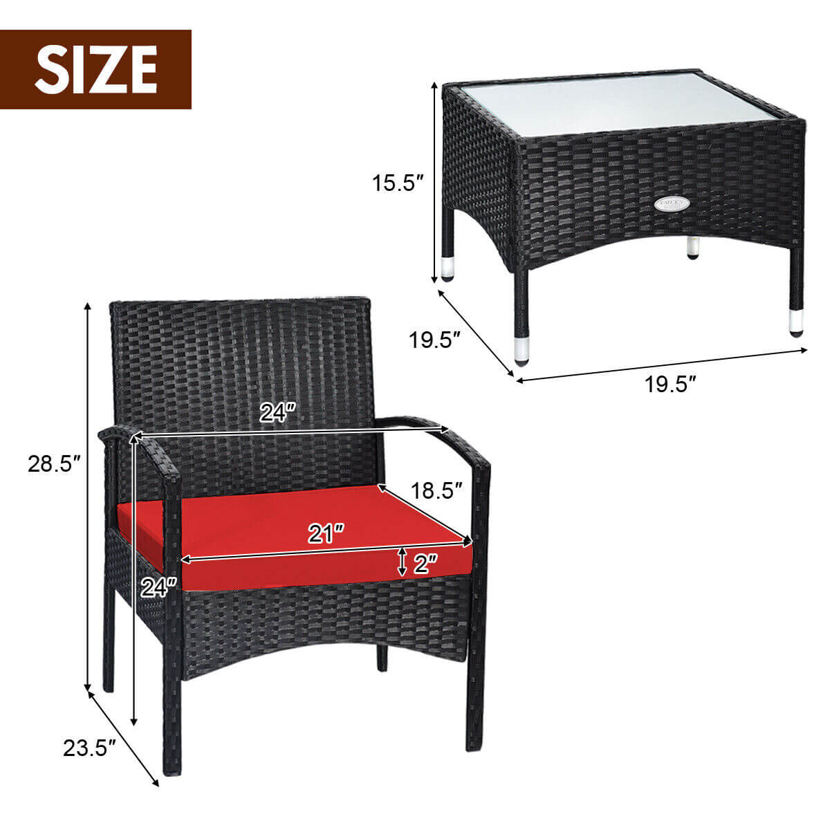 3 Pieces Patio Wicker Rattan Furniture Set with Cushion for Lawn Backyard